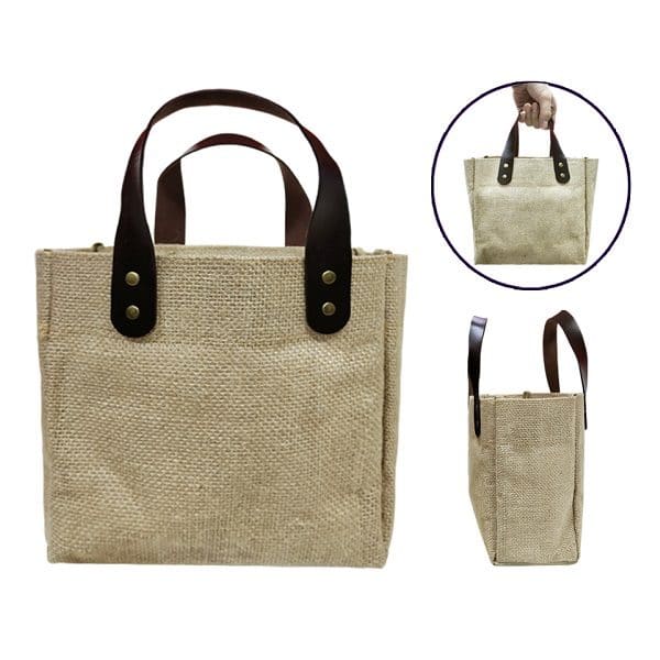 BGTS081 – Jute Tote Bag with PU Leather handles (Small)